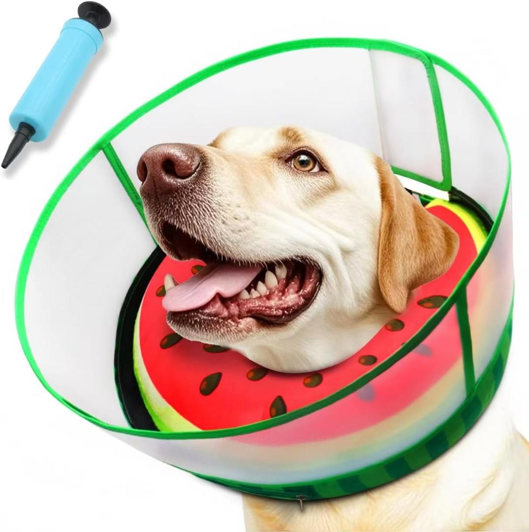 Upgraded Inflatable Dog Cone Collar with Transparent Anti-Licking Shield, Adjustable Elizabethan Collar for  Dogs, 2-in-1 Design with Detachable Shield and Soft Padding (L, Watermelon)