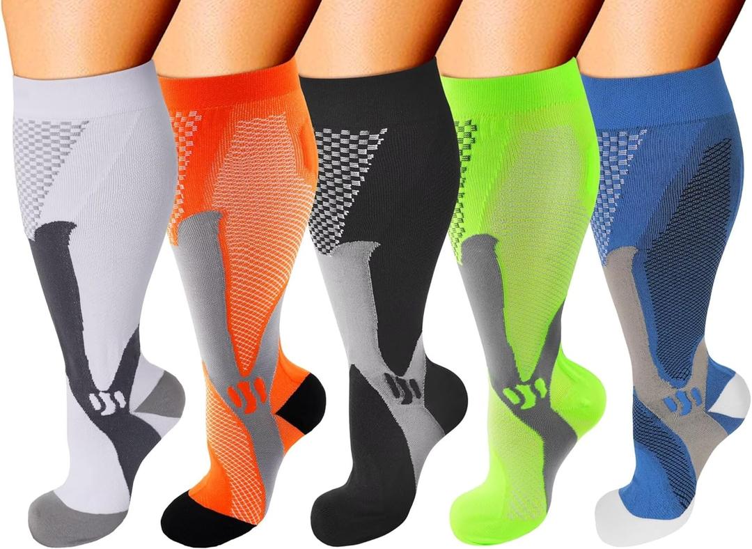 Double Couple 5 Pairs Wide Calf Compression Socks for Men Women Extra Plus Size Knee High Support (XX-Large, Multicolor 01)