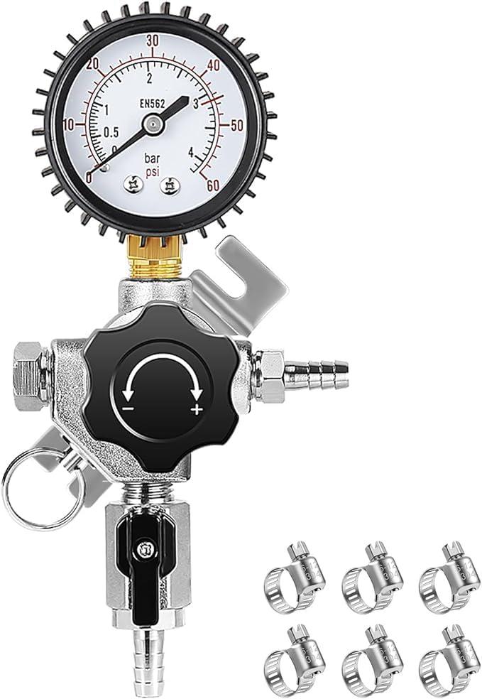 End-of-Line Secondary CO2 Regulator with Sealed Plug, Keg Regulator Gas Inlet &0-60PSI Gauges for Independently Controlling Multiple Homebrew or Commercial Kegs, with Relief Valve & Barbed Outlets (1 Input+ 1 Output)