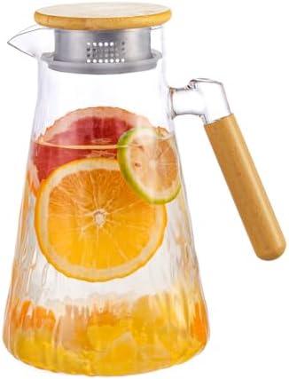 Glass Pitcher, 60 oz 1.8 Liter Glass Water Pitcher with Lid,Hand Blown Iced Tea Pitcher for Fridge,for Juice, Coffee, Milk, Cold or Hot Beverages, Heat Resistant