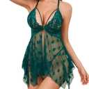 Sexy Lingerie for Women Lace Babydoll with Heart Print V Neck Nighty Mesh Sleepwear Front Slit Nightdress
