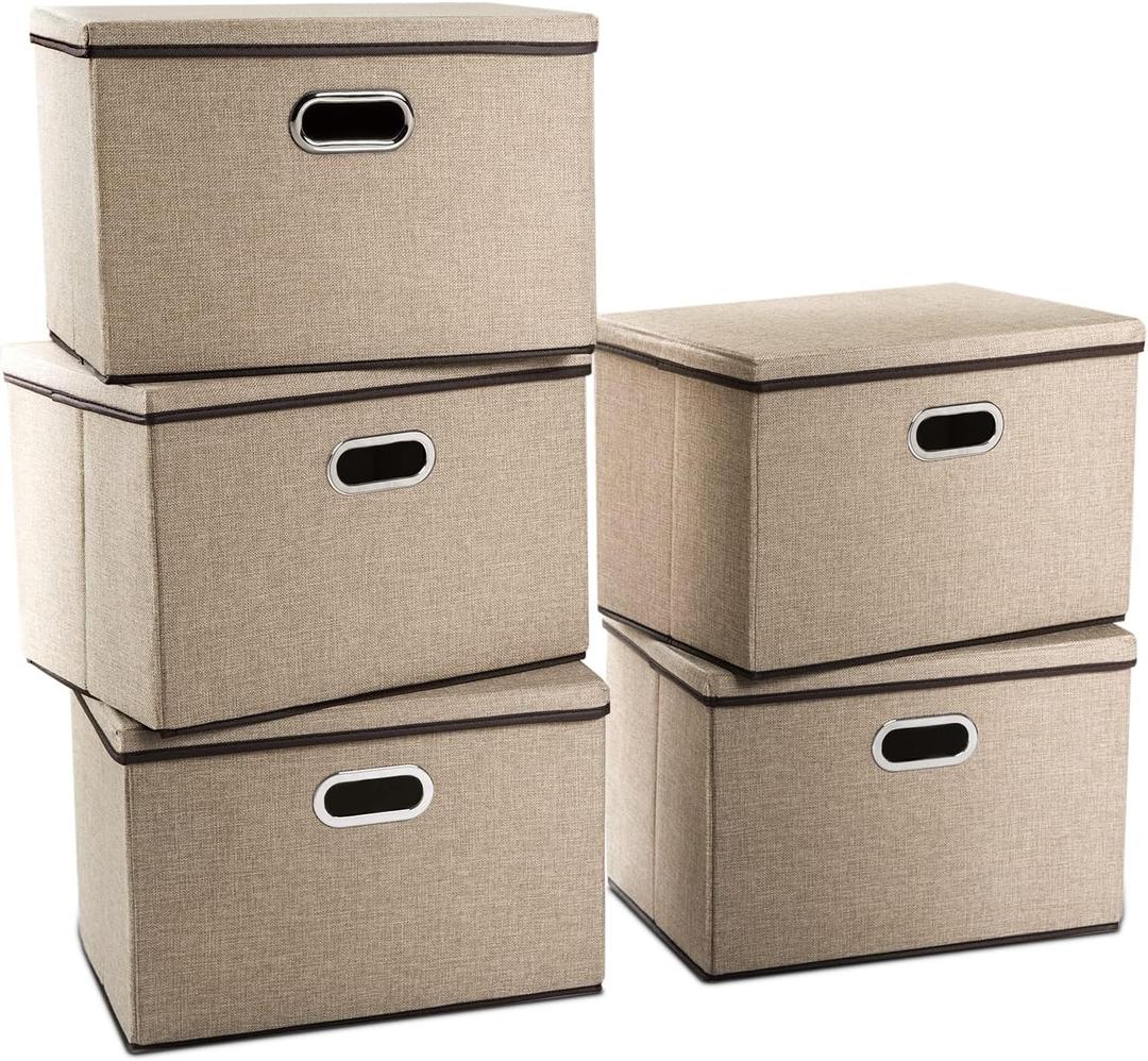 Extra Large Collapsible Storage Bins with Lids [5-Pack] Linen Fabric Foldable Storage Baskets Boxes Organizer Containers Cube with Cover for Bedroom Closet Office Nursery (22.8x15.75x13.8)