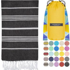 Madamelique Turkish Beach Towel with Beach Bag - 39 x 74 - Prewashed Beach Towels Oversized -%100Cotton - Quick Dry - Sand Free - Hand Loomed Turkish Bath Towels - Unique Towel (Black)