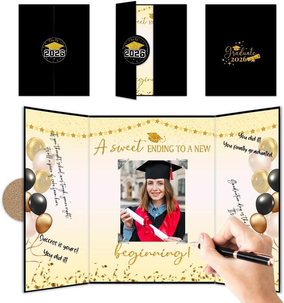 Graduation Party Decorations - Gold & Black The Adventure Begins - Class Of 2026 Grad Guest Book, Signature Board With 6 Photo DIY Sticker, Graduation Gift For Him Her Party Favor & Supplies - A11