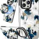 Case for iPhone 16 Pro Max Case Compatible with Magsafe Ring Holder Stand - for Women Blue Flower Design TPU Phone Cover for Girls Girly Funny Fashion