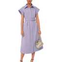 Women's Casual Button Shirt Dresses Short Sleeve Business Long Dresses Elegant Trench Coat with Pockets, XL