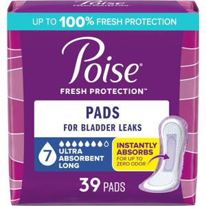 Poise Incontinence & Postpartum Pads for Bladder Leaks, 7 Drop Ultra Absorbency, Long Length, 39 Count