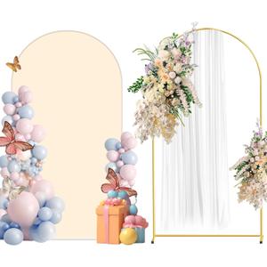 Metal Arch Backdrop Stand and Cover Set, 7.2FT Beige Reusable Spandex Fitted Backdrop Cover and Gold Wedding Arch Frame for Baby Shower, Birthday, Parties Decoration.