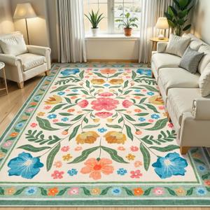 Anidaroel Floral Washable Rugs 5x7, Boho Large Area Rugs for Living Room, Non-Slip Soft Boho Rug for Bedroom Stain Resistant Dining Room Mat Low Pile Carpet for Nursery Home Office
