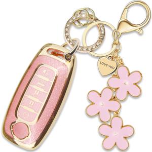 Pink TPU Key Fob Cover with Plum Blossom Keychain Compatible with Nissan Pathfinder 2023-2025,Rogue 2023-2025,Kicks 2023-2025,Sentra 2023-2025 5-Button Smart Key for Women