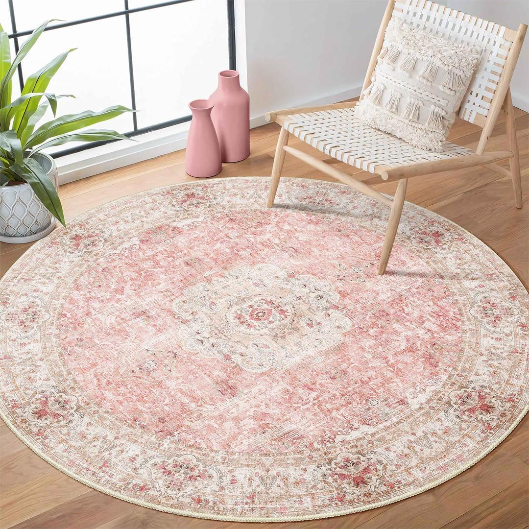 Pink Round Rug 4ft, Circle Washable Area Rugs for Bedroom Bathroom Entryway, Boho Vintage Bohemian Distressed Oriental Floral Carpet Non Slip,Blush 4'x4'