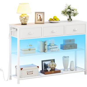 Furologee 38in Console Table with 3 Drawers, Small Sofa Table with Lights and Power Outlets, Hallway Tables with 3-Tier Shelves, White Narrow Console Table for Entryway, Living Room, Couch, Foyer