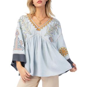 Womens Floral Printed Blouse V-Neck 3/4 Sleeves Loose Fit Vintage Babydoll Tops (Blue, S)