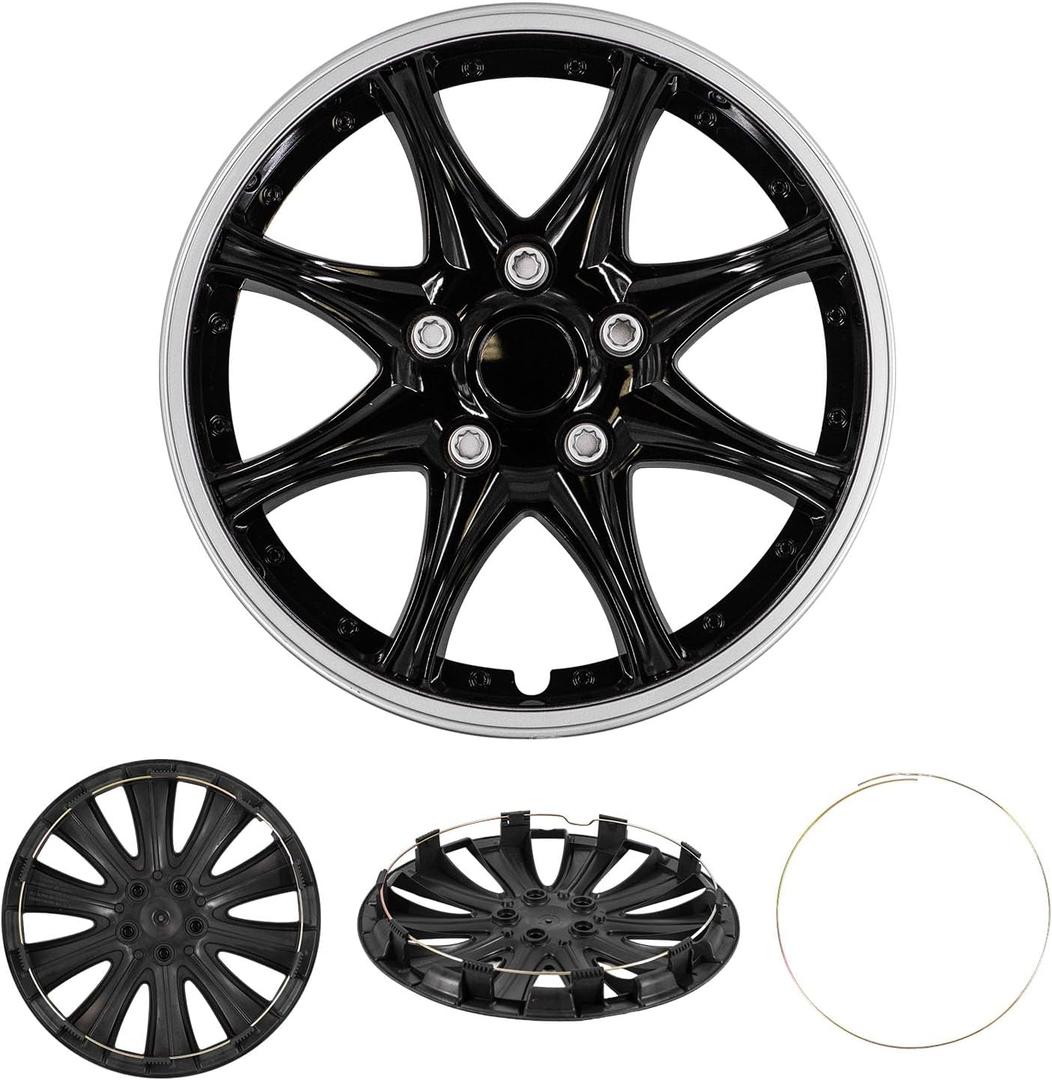Cobra-Tek 4PC Hubcaps Wheel Cover JDM Black Silver, Fits Steel Wheels, 16"