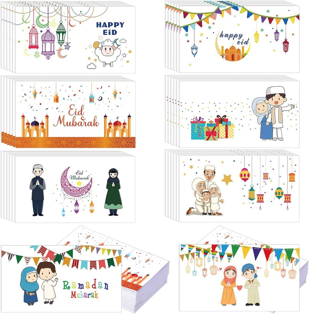 Yinder 48 Pcs Eid Mubarak Envelopes Gift Money Envelopes for Cash 6 x 6.5 Inches Eid Design Greeting Card Holders for Celebrating Eid Ramadan, 8 Styles