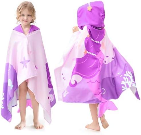 UOMNY Kids Beach Towels-Hooded Towel for Kids 30" x 50" for 3-10 Years,Pool Ponchos for Kids with Hood,Girls Beach Towel,Mermaid