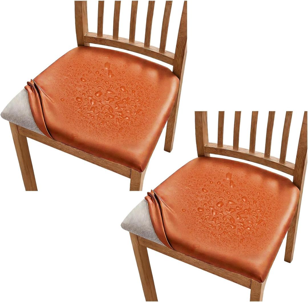 uxcell 2Pcs PU Leather Covers for Dining Room Chairs, Soft Waterproof Dining Seat Covers Removable Stretch Chair Cushion Slipcovers with Elastic Band for Home, Kitchen(45-56cm, L, Orange)