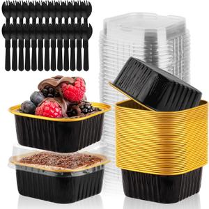 35 Pack 5 OZ Square Mini Baking Pans with Lids, 3.5x3.5 Inch Mini Cake Tins, Aluminum Foil Baking Cups Disposable Cake Containers for Party, Wedding, Birthdays, Black and Gold