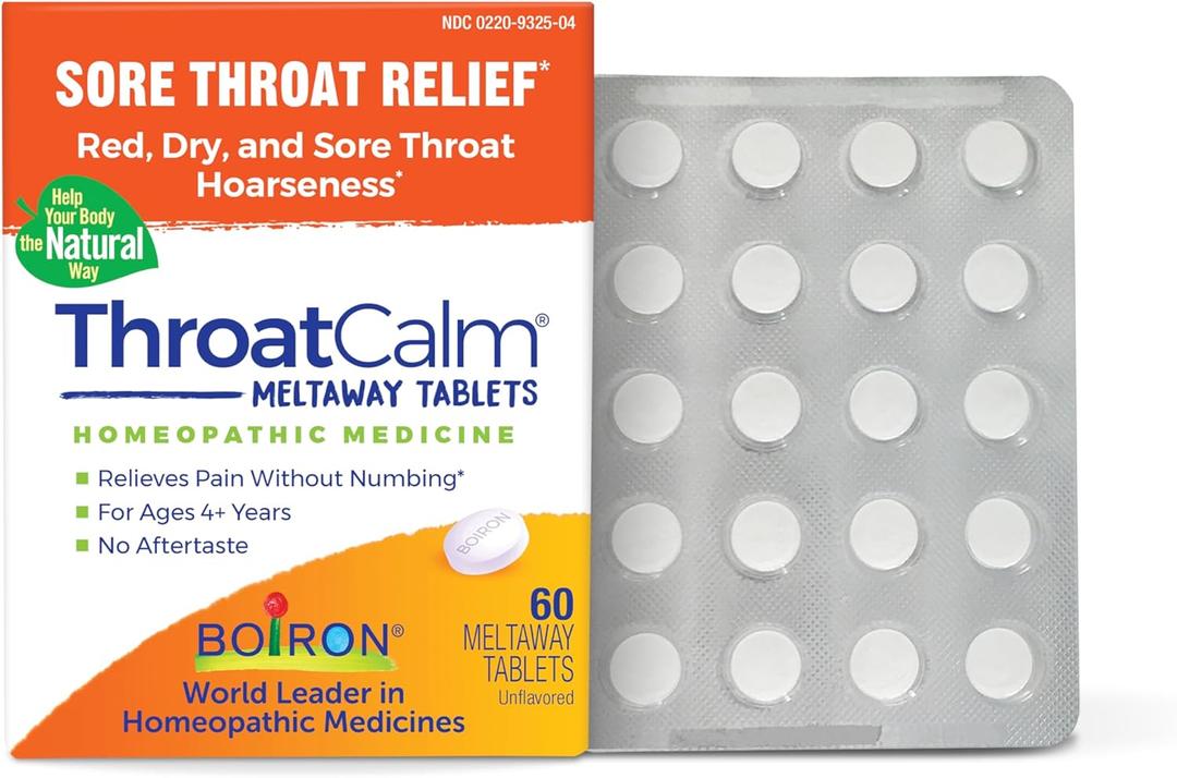 Boiron ThroatCalm Tablets for Pain Relief from Red, Dry, Scratchy, Sore Throats and Hoarseness - 60 Count, Best Befoe: 03/2028