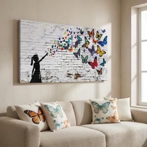 Canvas Wall Art Butterfly Girl - Modern Graffiti Paintings for Living Room, Bedroom Wall Decor, Framed Wall Art for Home or Office Decoration 48x24in