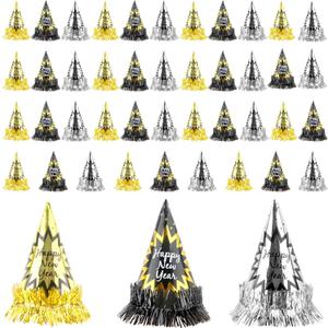 45 Pcs Paper Happy New Year Hats New Years Eve Hats Eve Cone Party Hats Bulk for Adults Kids New Years Party Dress Accessories