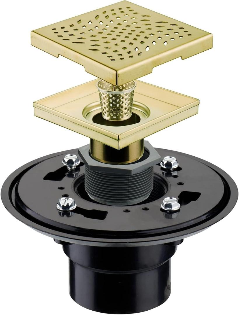 Brushed Gold Square Shower Drain with Flange 4x4, HIDROP 4 inch SUS 304 Stainless Steel Brass Gold Shower Floor Drain with Removable Hair Strainer