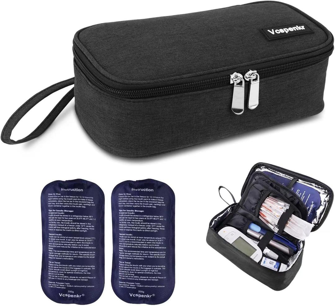 Insulin Cooler Travel Case, Diabetic Medicine Carrying Bag with 2 * 200g Ice Packs, Insulated Organizer Medication Cooler Bag for Insulin Pens and Diabetes (Black)