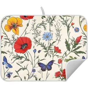 Butterfly Red Tulip Wildflower Dish Drying Mats for Kitchen Counter, 18x24 inch Drying Dishes Absorbent Microfiber Dish Drainer Mat Rack Pad Fast Dry (Mult1)