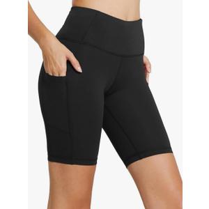 AugIris Womens Biker Shorts with 2 Pockets 8" High Waisted Tummy Control Workout Yoga Running Gym Shorts Black (Pack of 3, Size S)