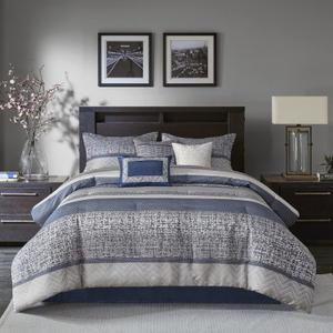 Madison Park Luxury Comforter Set-Traditional Jacquard Design All Season Down Alternative Bedding, Matching Bedskirt, Decorative Pillows, Cal King(104"x92"), Rhapsody, Geometric Navy 7 Piece