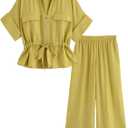 Mingzhu Women's 2 Piece Linen Outfits Short Sleeve Zipper Drawstring Waist Safari Shirts Wide Leg Pants With Pockets (Yellow), XL