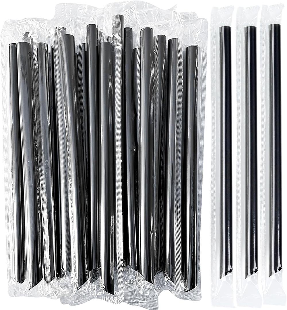 100 PCS Black Straws Jumbo Smoothie Straws, Boba Straws, Disposable Plastic Milkshake Straws, Wide-Mouth, Individually Wrapped, Sharp Pointed Tip (0.51" Wide X 9.06" Long)