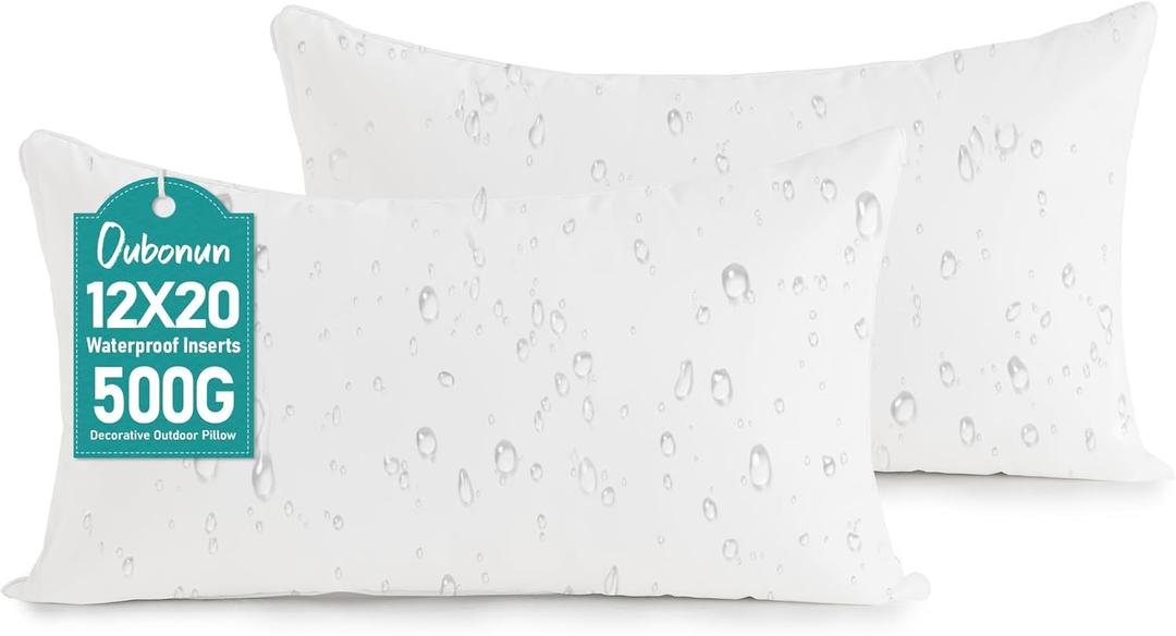Oubonun 12x20 Outdoor Pillow Inserts (Pack of 2) - Square Waterproof Throw Pillow - Decorative Throw Pillows Insert for Couch Sofa Bed Patio Furniture - White Pillows
