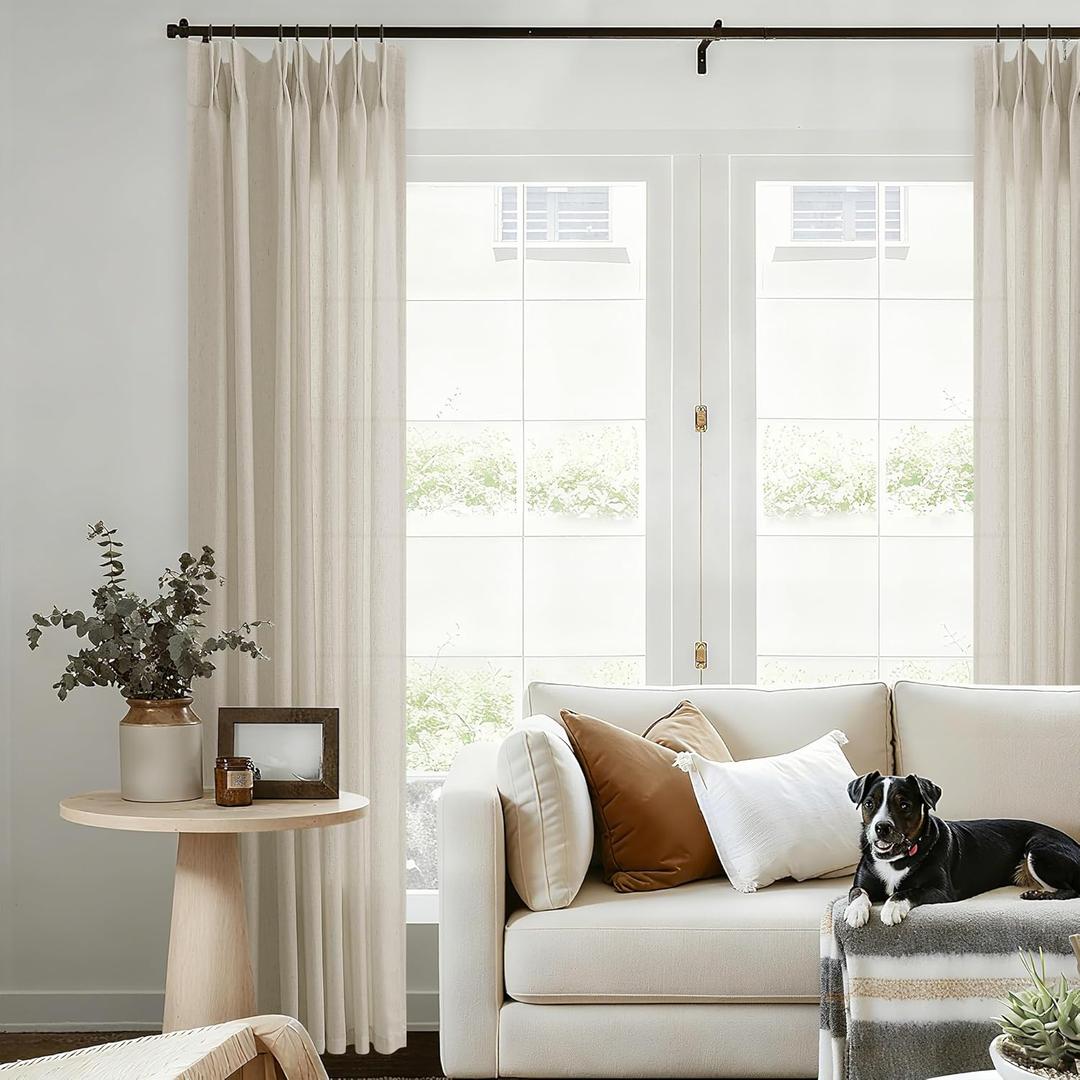 Oatmeal Linen Curtains 102 Inches Long Pinch Pleat Draps for Living Room Sliding Door with Hooks Rings Back Tab Neutral Modern Light Filtering Sheer 102 Inch Pleated Curtain Greyish Greige Tan 40x102
