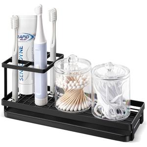 MYITYARD Toothbrush Holders for Bathrooms, 4 Slots Rustproof Metal Tooth Brushing Organizer with Drainage, Electric Tooth Brush Toothpaste Holder for Bathroom Countertop, Black