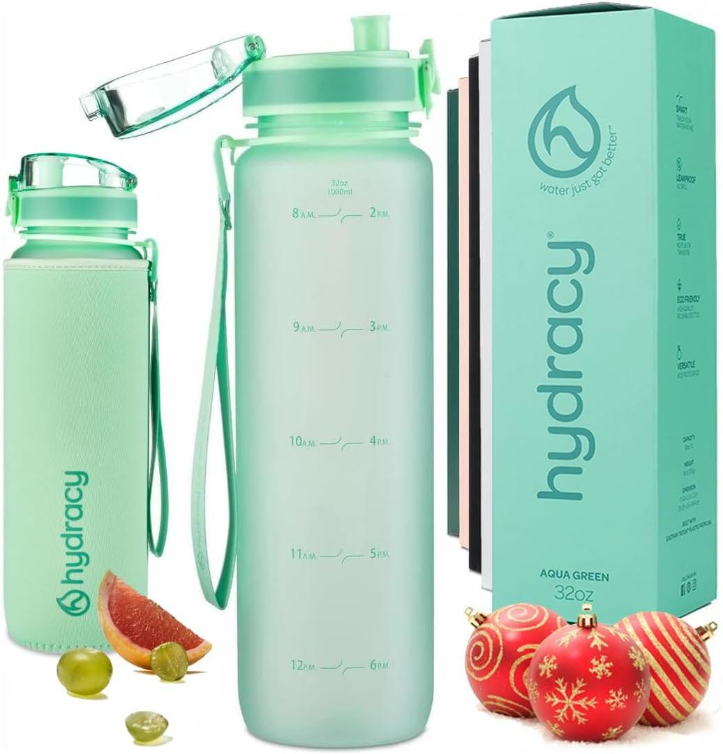 Hydracy Water Bottle with Time Marker -Large BPA Free Water Bottle & No Sweat Sleeve -Leak Proof Gym Bottle with Fruit Infuser Strainer & Times to Drink -Ideal for Fitness Sports & Outdoors (Aqua Green)