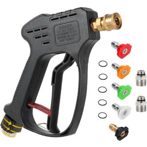 Short Pressure Washer Gun, 5000 PSI Max Swivel High Pressure Washer Handle with 5 nozzles, M22 14MM Swivel Connect & M22 15MM, Car Washer Extension Wand Power Washer Gun for Driveway, Yard, Fence (Black)