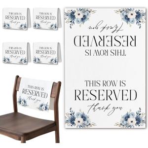 Reserved Row Signs for Wedding 4 Pieces, This Row Is Reserved Seating Placeholder Church Pews Cloth Signs, Dusty Blue Wedding Chair Decorations for Reception (Dusty Blue Floral)