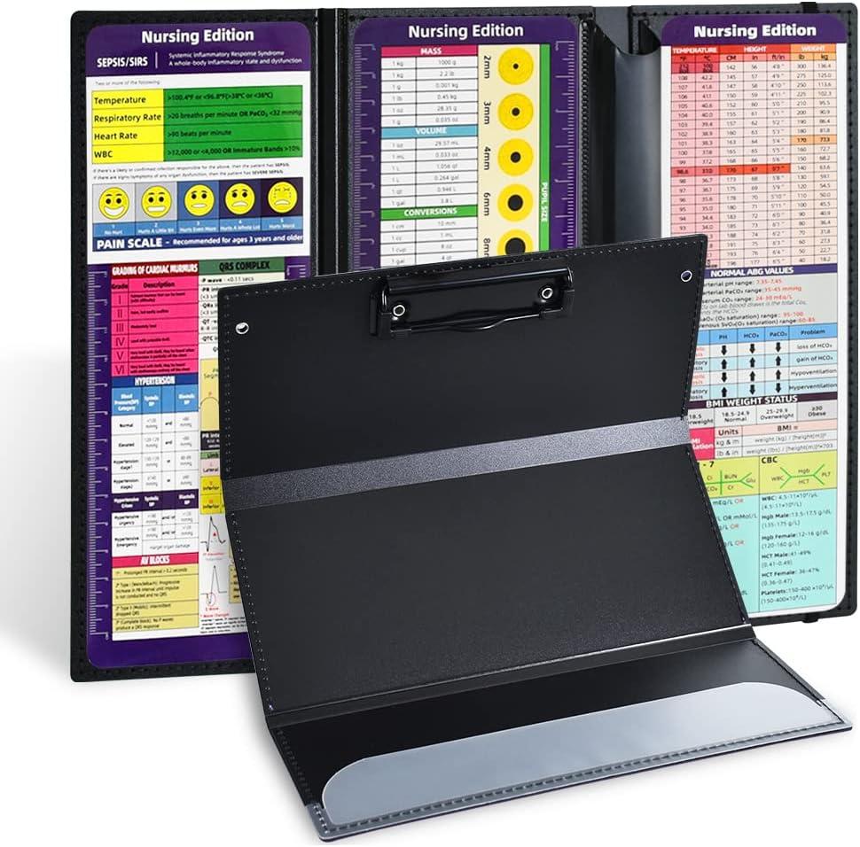 Vuzvuv Nursing Clipboard Foldable,Black Nurse Pocket Clipboard 3 Layers with Nursing Medical Edition Cheat Sheets, Foldable Nurse Clip Boards Notepad for Students, Nurses, Doctors and Medical Staff