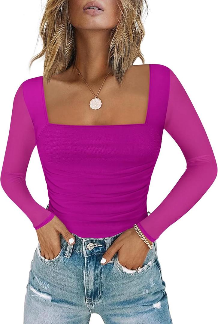 Chunpin Women's Square Neck Mesh Short Sleeve Bodysuit Outfits Tops Sexy Thong Bodysuit (Small, D-hot Pink Long Sleeve)