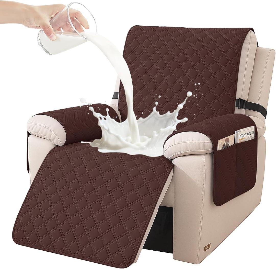 Waterproof Recliner Chair Covers, Recliner Covers that Stay in Place, Electric Recliner Cover, Recliner Covers Washable with Pocket, Elastic Straps for Kids, Pets, Dogs (Brown, 30")