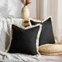 Boho Pillow Covers 18x18 Inch Faux Linen Couch Pillow Covers with Fringe Farmhouse Rustic Decorative Pillows Case Black Square Cushion Covers for Sofa Bedroom Living Room Home Decor Set of 2