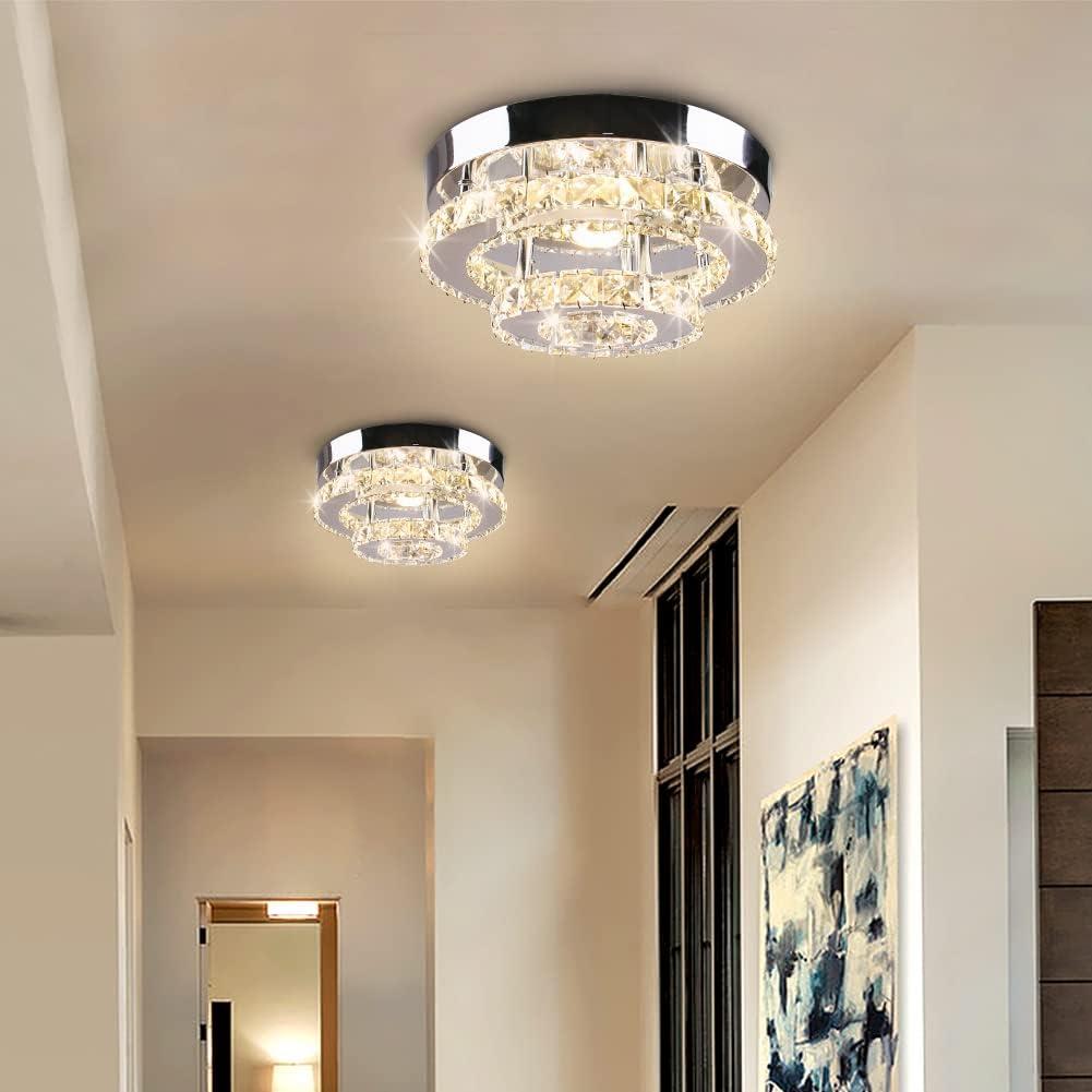 Mini Chandelier LED Crystal Ceiling Light 2 Layers Round Flush Mount Ceiling Light Modern Chandelier Lighting for Hallway Staircase Kitchen Bathroom (Multicolor)