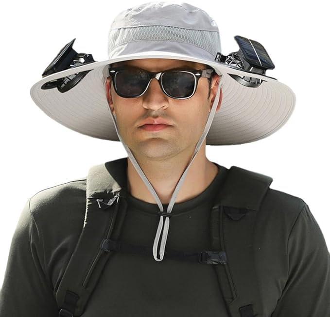 Outdoor Wide Brim Sun Hat with 2 Solar Fan Sun Bucket Hat for Men Women UPF 50+ Bucket Fishing & Beach Hat with Fan Built in (Gray, M)