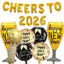 Huge, Cheers To 2026 New Years Balloons - Pack of 19 | Wine Glass Balloons, Microphone Balloon,Black and Gold Happy New Year Foil Balloon, New Years Eve Party Supplies 2026, New Years Decorations 2026