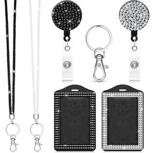 Chinco 2 Set Rhinestone Bling Lanyards for ID Badges Holder Crystal ID Card Holder Retractable Lanyard with Metal Clasp Key Ring for Women Office School Travel(Black, White)