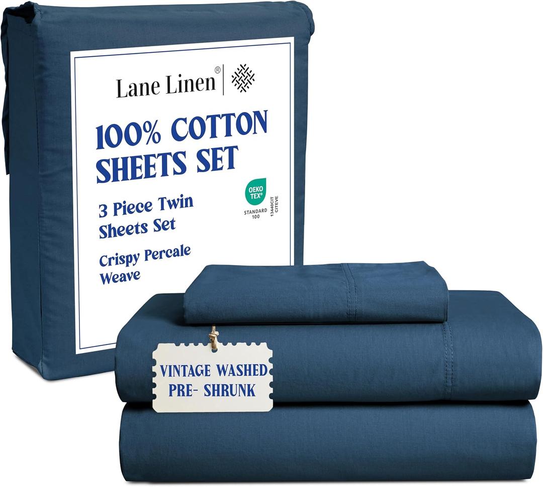 LANE LINEN 100% Cotton Twin Sheet Set  Pre-Washed Cooling Sheets in Soft Percale Weave for Restful Sleep, Fade Resistant Everyday Comfort, Fully Elasticized 15 Deep Pocket, No Pill  Estate Blue