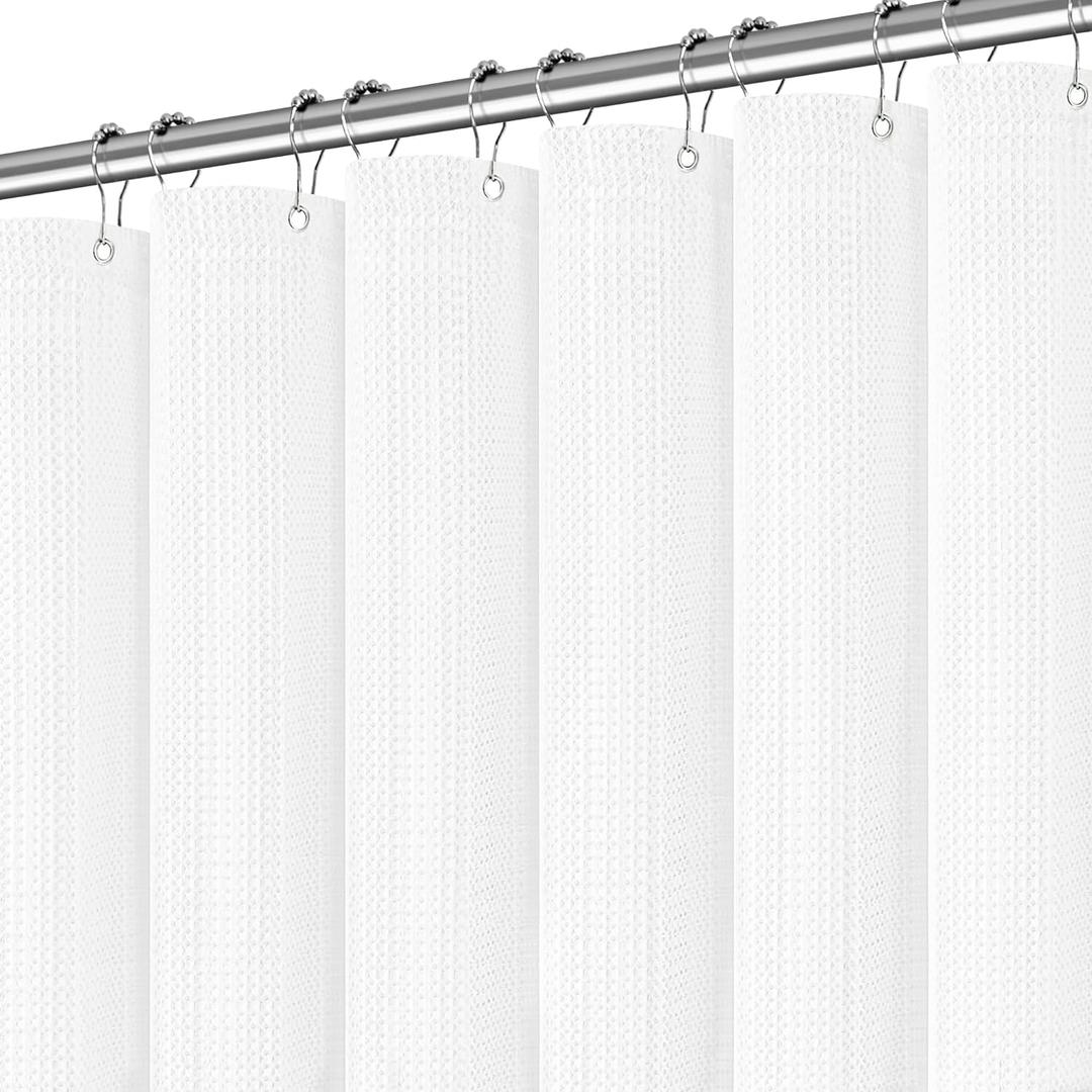 PANGSINNE White Shower Curtain 256GSM Weighted Waffle Water Repellent Heavy Duty Fabric, Machine Washable Hotel Quality Bathroom Shower Curtain Set with 12 Metal Hooks, 72Wx72H