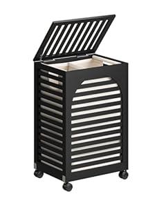 Black Laundry Hamper with Wheels, Laundry Basket with Lid, 22.5 Gallon (85L) Bamboo Wood Clothes Laundry Hamper 2 Section with Handles, Removable Liner