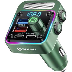 Bluetooth 5.3 FM Transmitter Car Adapter - SONRU Car Charger 54W [PD 36W & QC3.0 18W], Wireless FM Radio Transmitter [HiFi Treble & Bass Player], 5 Colors LED Backlit, Hands-Free Calling, U-Disk (Green)